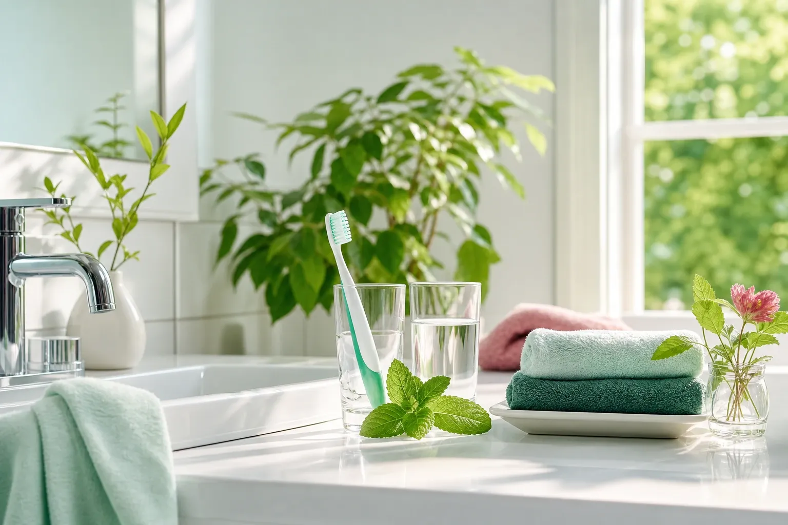 A bright bathroom sink with a toothbrush, a glass of water and fresh mint
